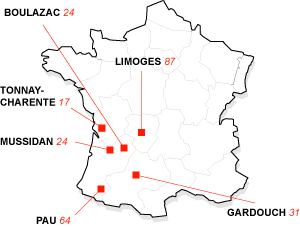 Le Groupe Laurire est implant  Boulazac(24), Limoges(87), Tonnay Charent(17), Mussidan(24), Pau(64) et Gardouch(31)